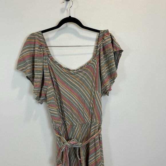 Lane Bryant Green Maxi Multicolor Stripe Shoulder Ruffle Belted Size 22 - Picture 2 of 11